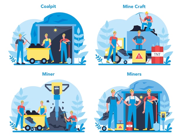 Kolen of mineralen mijnbouw concept set. Werknemer in uniform en helm met houweel, drilboor en kruiwagen ondergronds werken. Extractie-industrie beroep.