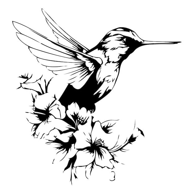 Kolibrie met bloemen en bladeren Vectorillustratie in vintage stijl