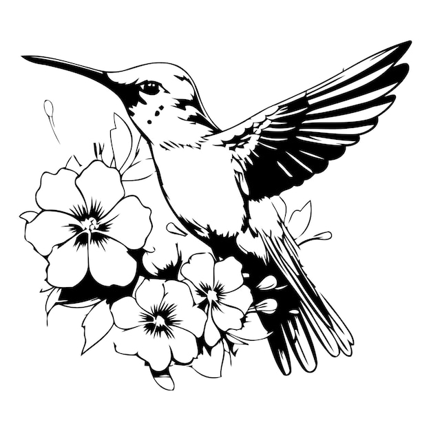 Vector kolibrie met bloemen vectorillustratie in grunge stijl
