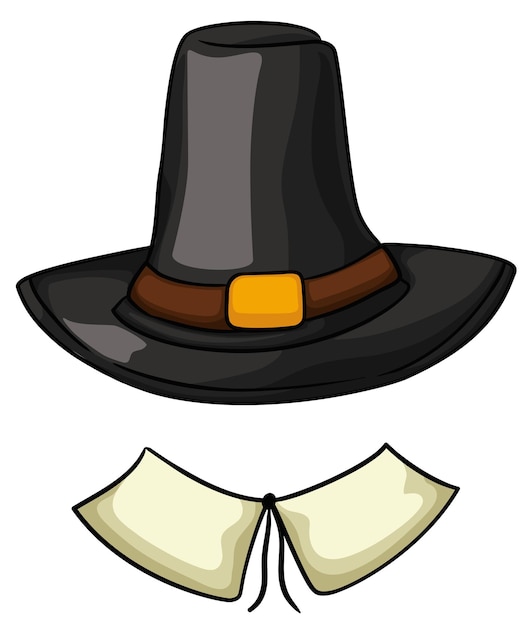 Vector koloniaal pelgrimskostuum met traditionele donkere hoed met riemgesp en kraag met koord