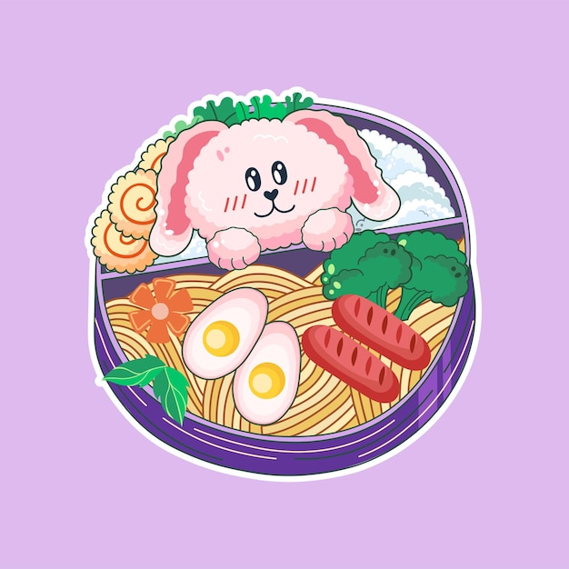 Kom in kawaii-stijl leuke kleurrijke illustratie japans eten anime vector