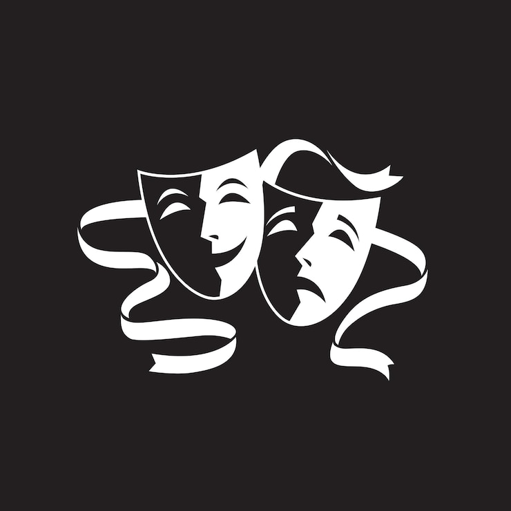 Vector komedie en tragedie theatrale maskers geïsoleerd op zwarte achtergrond
