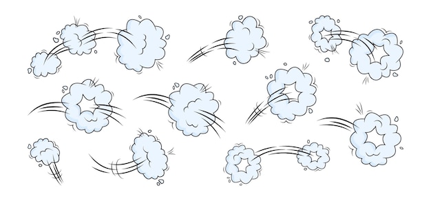 Vector komisch snelheidseffect cartoon sprong wolk doodle rook of stof whoosh wind trail poef bladerdeeg illustratie