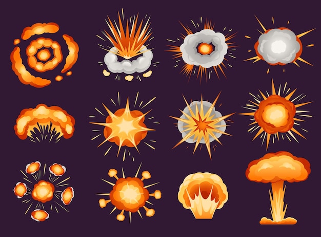 Vector komische explosie bom detonatie brand uitbarsting explosieve rook nucleaire paddestoel wolk ontploffing explosies