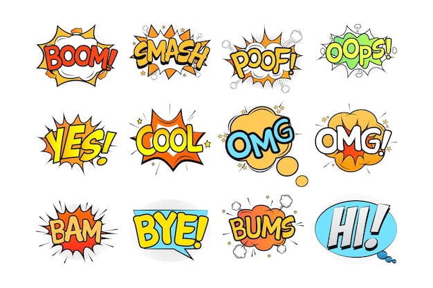 Komische explosie set. Tekstballonnen instellen met kleurrijke wolkenvector. Comic book bubbels set. Cartoon explosies collectie, grappige komische toespraak wolken. Comic burst tekst bubbels collectie.