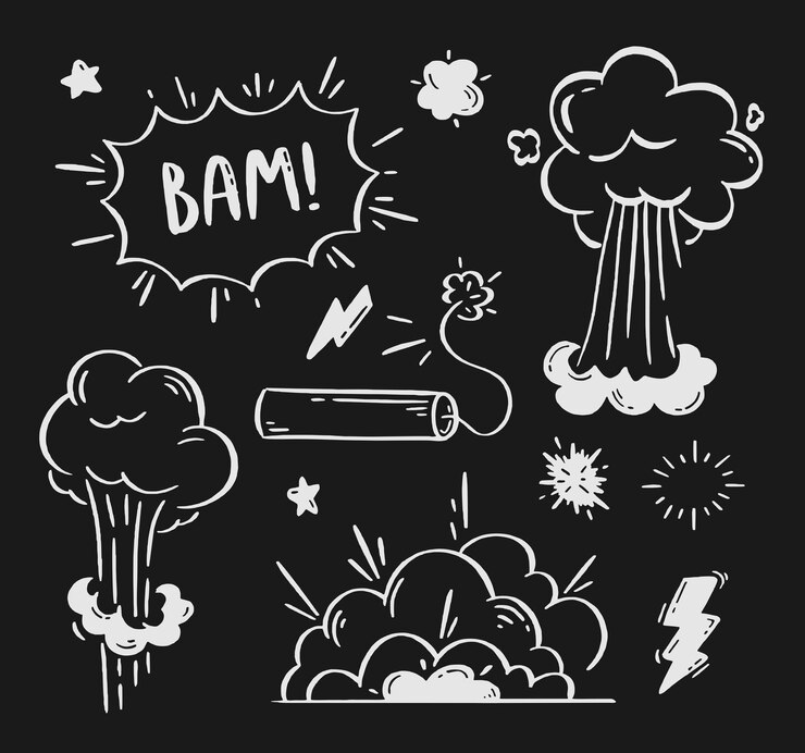 Vector komische explosies en bommen set tekstballonnen met de woorden bom boom pow vector doodle