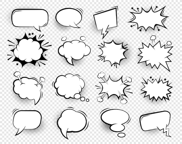 Vector komische tekstballonnen. lege praatwolken voor dialoogtekst met halftoonschaduwen, cartoon lege witte gedachte ballonnen vintage set.