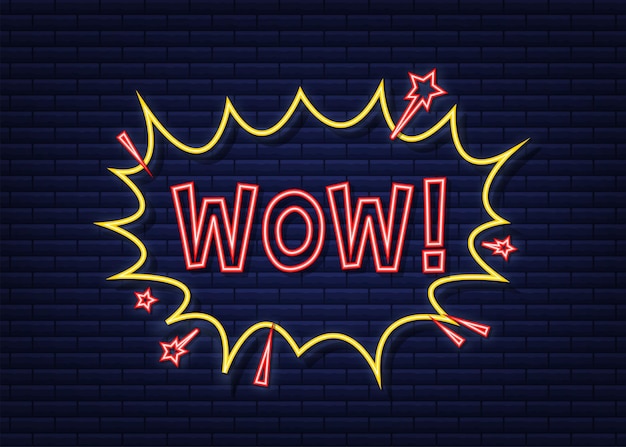 Komische tekstballonnen met tekst Wow. Neon icoon. Symbool, stickerlabel, speciale aanbiedingslabel, reclamebadge. Vector voorraad illustratie.