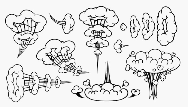 Komische wolken cartoon wolken in lijnstijl geïsoleerd op lichte achtergrond