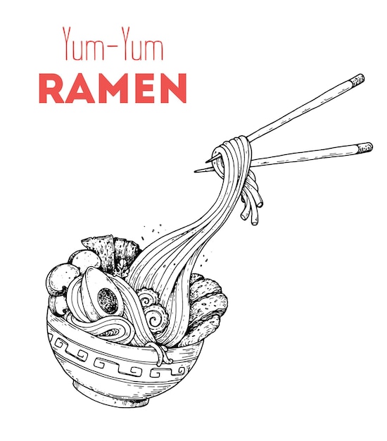 Komnoedels en eetstokjes schets Ramen Aziatisch eten Koreaanse keuken Handgetekende vectorillustratie