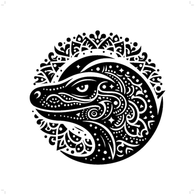 Komodo dragon silhouette in bohemian boho nature illustration