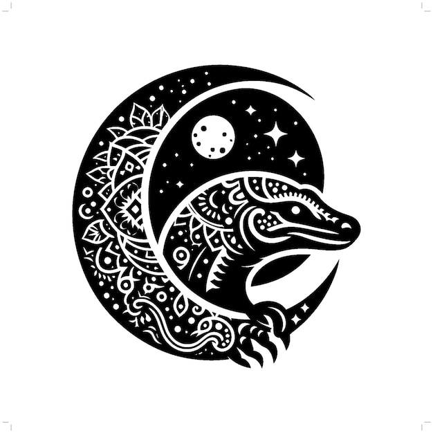 Komodo dragon silhouette in bohemian boho nature illustration