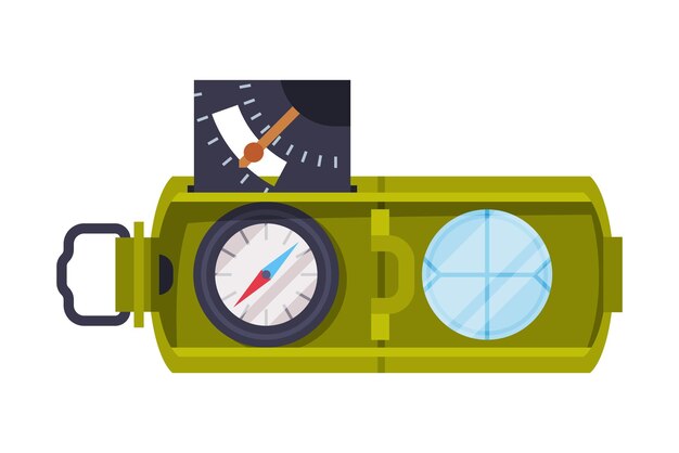 Vector kompas en vergrootglas geologische snd navigatieapparatuur platte stijl vectorillustratie op witte achtergrond