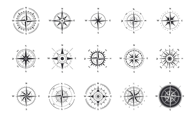 Kompaspictogrammen Windroos met noordoriëntatie zeenavigatieapparatuur antieke symbolen Cartografische en geografische borden set Vector silhouetten van vintage nautische instrumenten