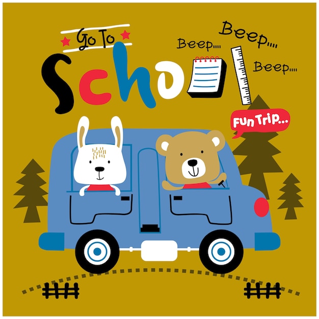 konijn en beer terug naar school met de bus grappige dieren cartoon