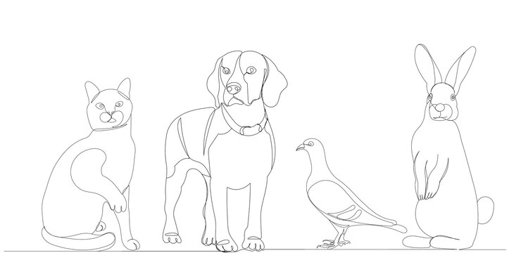 Vector konijn, hond, kat één doorlopende lijntekening, schets