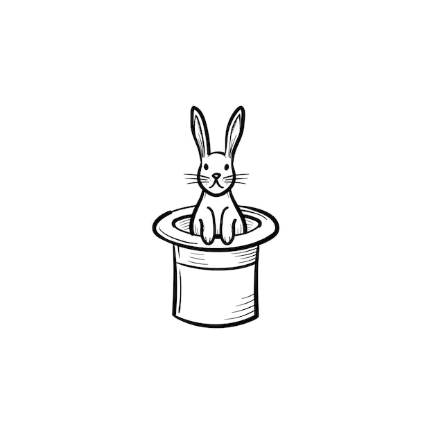 Konijn in een goochelaar hoed hand getrokken schets doodle pictogram. cilinder hoed met konijn schets vectorillustratie voor print, web, mobiel en infographics geïsoleerd op een witte achtergrond.