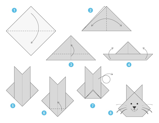 Konijn origami schema tutorial bewegend model. Origami voor kinderen. Stap voor stap hoe maak je een konijn.