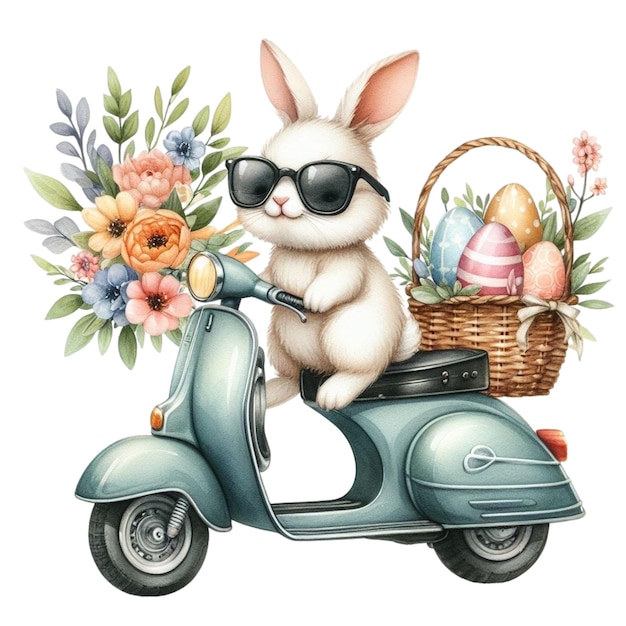 konijn rijdt op een motorfiets en heeft een mandje met paaseieren clipart waterverf