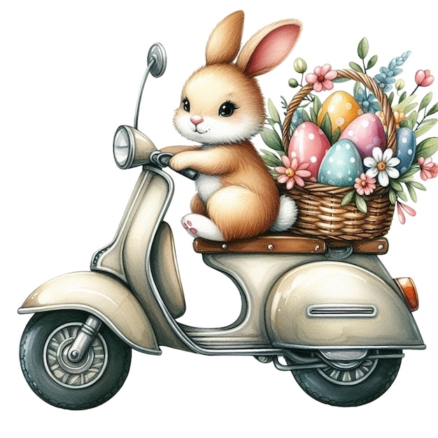 konijn rijdt op een motorfiets en heeft een mandje met paaseieren clipart waterverf
