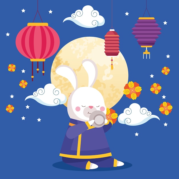 Konijnbeeldverhaal in traditionele doek met theekop en lantaarnsontwerp, gelukkig medio herfst festival oosterse chinees en feestthema