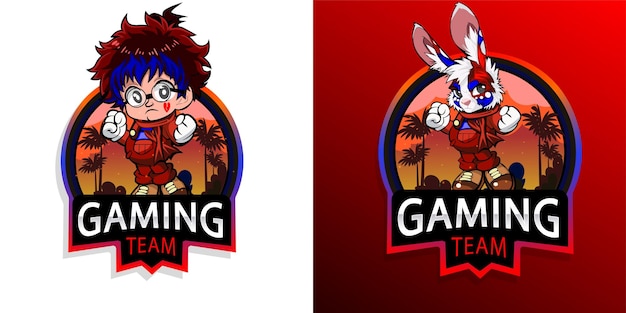 Konijnen en verdrietig schattig meisje karakter handgetekende cartoon kunst illustratie sport gaming mascotte logo