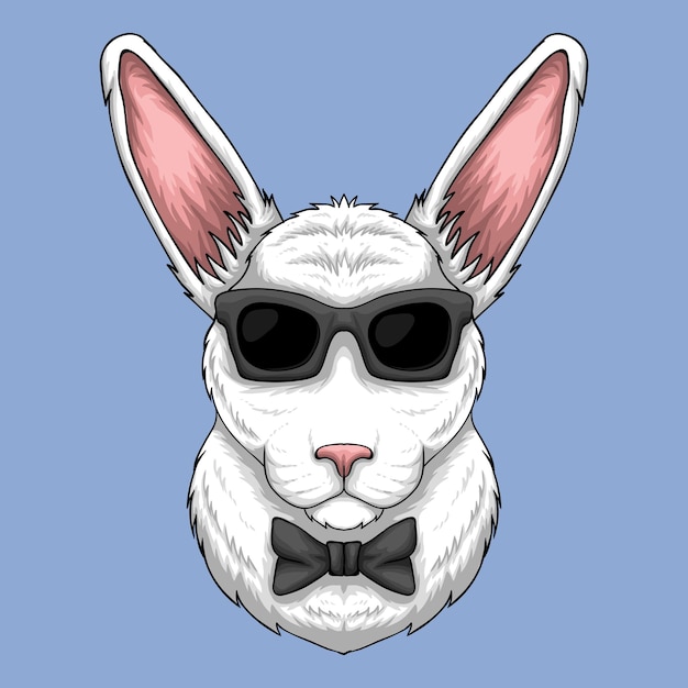 Vector konijnenhoofd met zonnebril en vlinderdasbeeldverhaalillustratie op lichtblauwe background