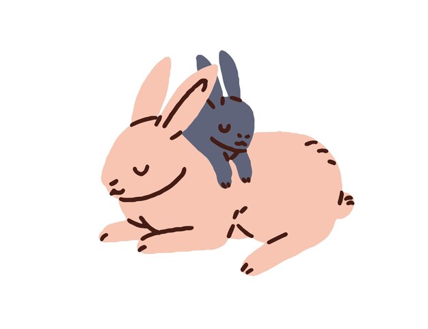 Vector konijnmoeder en schattig baby konijn slapen samen slaapmoeder en kind konijn grappige leveret wilde bosdieren familie moeder en kind platte vector illustratie geïsoleerd op witte achtergrond