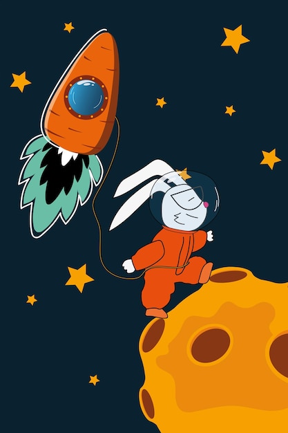 Konijntjesastronaut op de maan met sterren in Wortelraket in vegetarische ruimte vectorillustratie