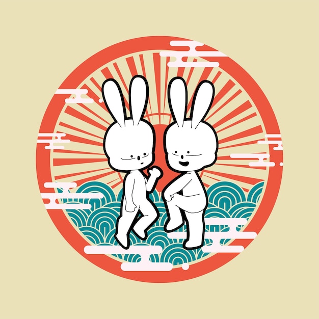 konijntjeskarakter voor nieuwjaarspictogram en logo met aziatische achtergrond