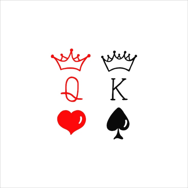 Koning en koningin paar pictogram vectorillustratie pokerkaart bord met kroon embleem geïsoleerd op witte achtergrond vlakke stijl voor afbeelding en silhouet logo tshirt mok cup tattoo