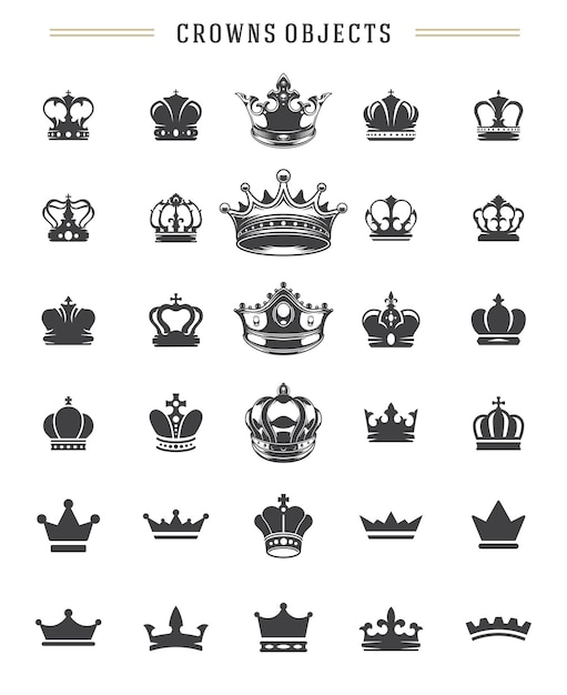 Koning kronen silhouetten objecten vector design elementen set