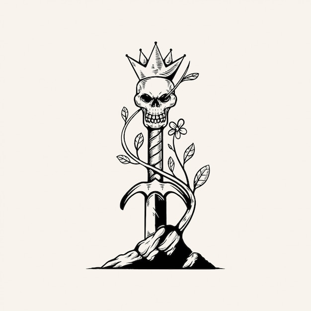 Koning schedel zwaard illustratie vintage design
