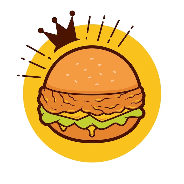 Koning van krokante kip hamburger pictogram logo afbeelding met kroon