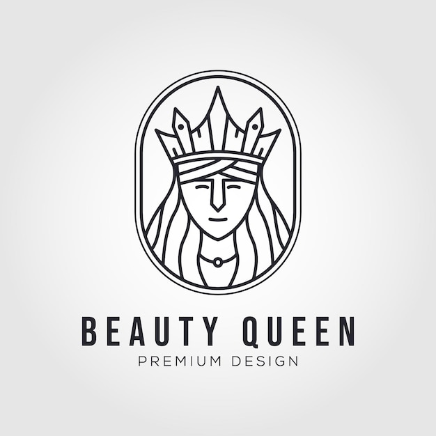 Koningin gezicht dragen kroon logo vector symbool illustratie ontwerp lijn kunststijl