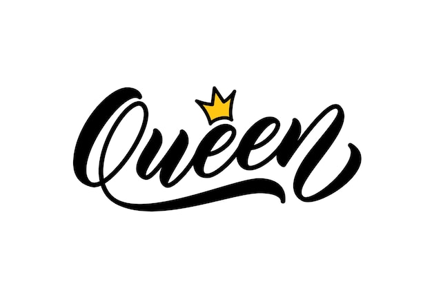 Koningin handgeschreven woord. Moderne kalligrafie. Hand belettering ontwerp voor afdrukken op kleding. Koninginwoord met kroon.