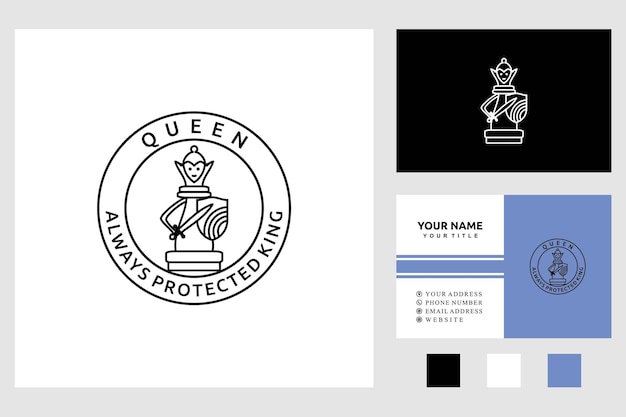 koningin schaakstuk met schild en zwaard altijd beschermen koning lijntekeningen stempel sticker badge label logo