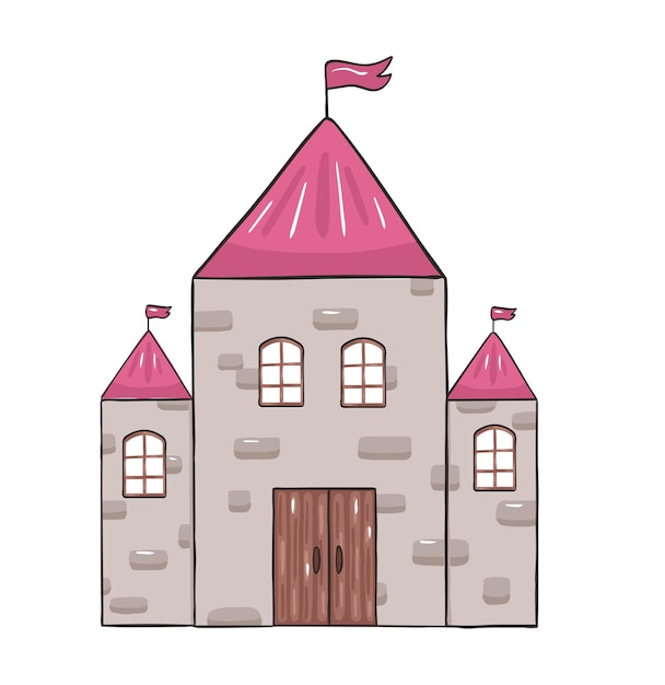 Koninklijk kasteel met vlaggen in cartoonstijl