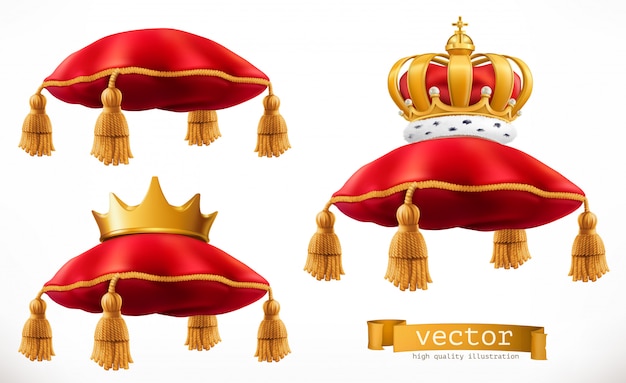 Vector koninklijk kussen en kroon. 3d-set