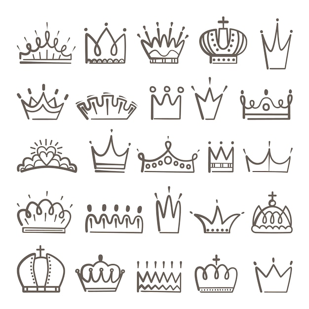 Koninklijke doodle symbolen Kronen schets kroon diadema tiara voor koning koningin prins of prinses Geïsoleerde luxe bedrijfslogo baby neoterische vector emblemen