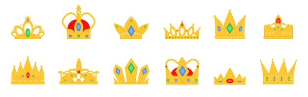 Koninklijke gouden kronen iconen kroning kroon kinderen en volwassen koningen decoratie koningin tiara overwinningssymbolen set fatsoenlijke platte prinses vector logo