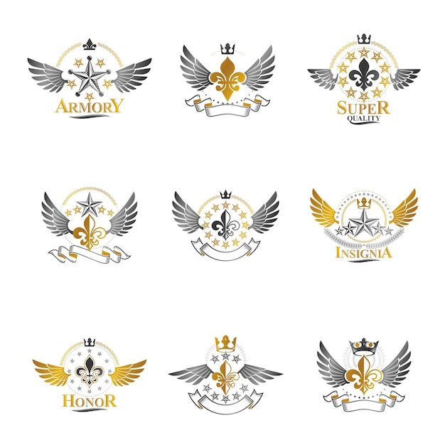 Koninklijke kronen en oude sterren emblemen ingesteld. Heraldische wapenschild decoratieve logo's geïsoleerde vector illustraties collectie.