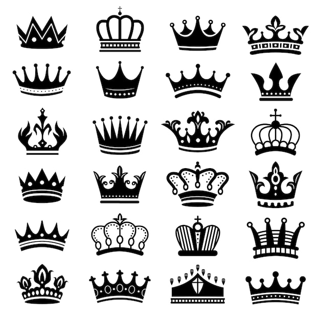 Vector koninklijke kroon silhouet. koningskronen, majestueuze kroon en luxe tiara-silhouetten ingesteld