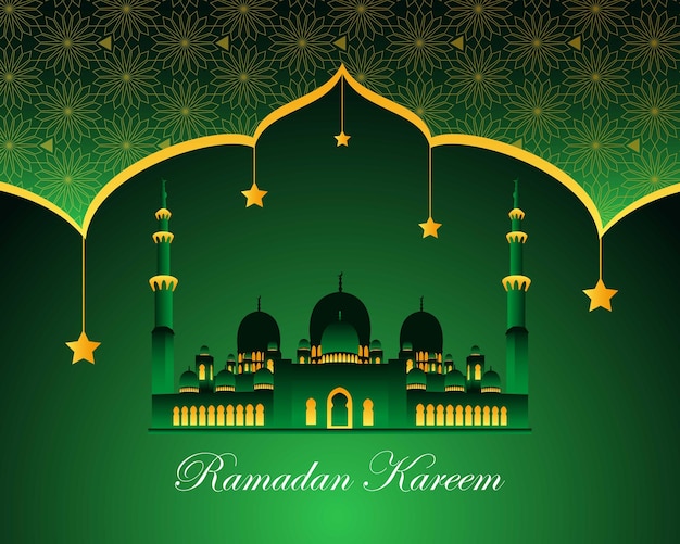 Koninklijke ramadan kareem met moskee op groene achtergrond door vector design