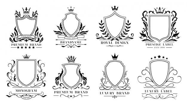 Koninklijke schilden badges. Vintage sierlijsten, heraldische randen met decoratieve koninklijke krul en luxe filigraan bruiloft emblemen iconen set