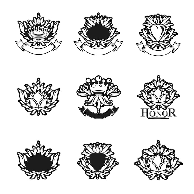 Koninklijke symbolen, bloemen, bloemen en kronen, emblemen set. Heraldische vector design elementen collectie. Retro-stijl label, heraldiek logo.