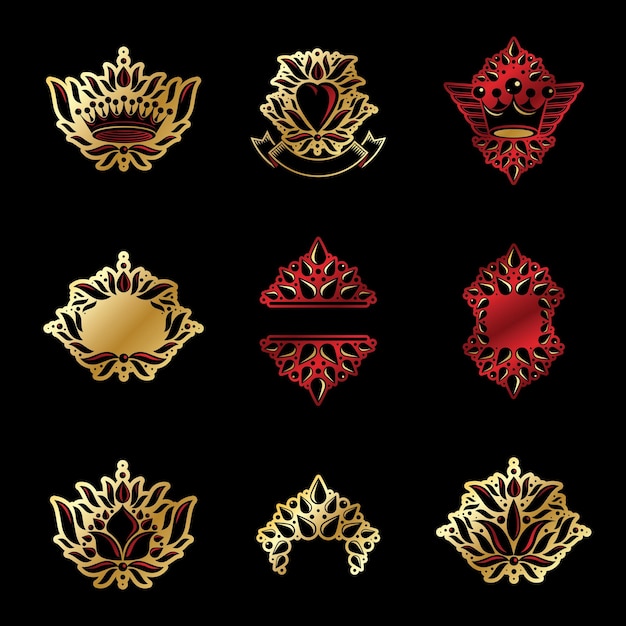 Koninklijke symbolen, bloemen, bloemen en kronen, emblemen set. Heraldische vector design elementen collectie. Retro-stijl label, heraldiek logo.