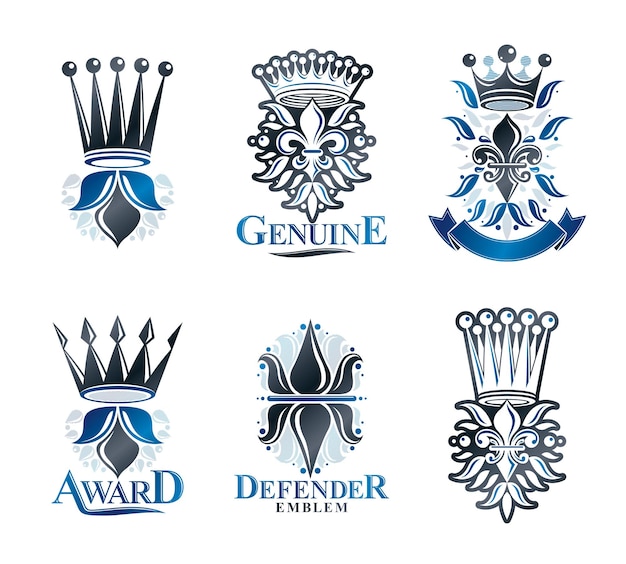 Koninklijke symbolen Lily bloemen, bloemen en kronen, emblemen set. Heraldische vector design elementen collectie. Retro-stijl label, heraldiek logo.