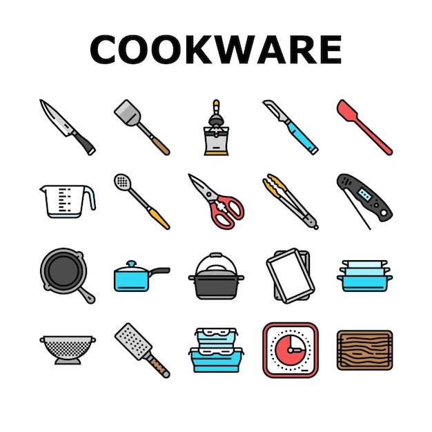 Kookgereedschap keuken koken voedsel iconen set vector