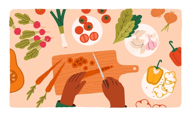 Vector kookproces, bovenaanzicht. handen koken van verse ingrediënten, gezonde groenten, wortel snijden aan boord, salade maken, vitamine vegetarisch eten van tomaat, sla. platte vectorillustratie.